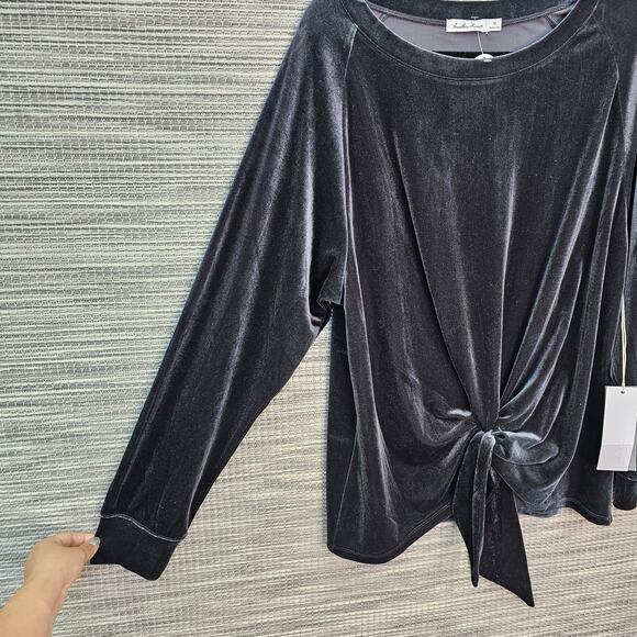 Another Love Velour Sweater Top Womens Medium Charcoal Grey Tie Front Party NEW - Picture 2 of 12